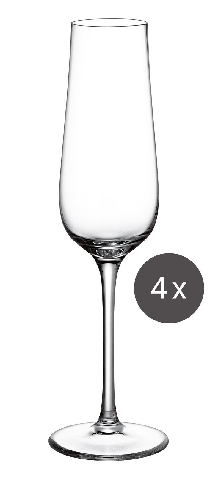 Sektglas in Nahaufnahme, Teil eines 4er-Sets, aufrecht stehend