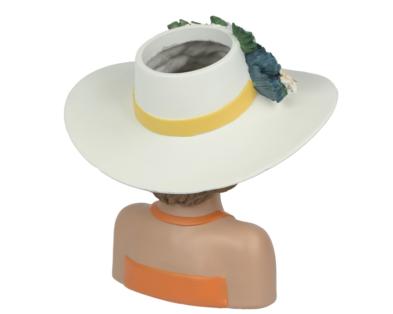 Decoris Topf Rückansicht einer Deko-Figur: Frau in orangefarbenem Bikini mit großem weißem Sonnenhut, gelbem Hutband und seitlicher Blüten-/Blattdekoration