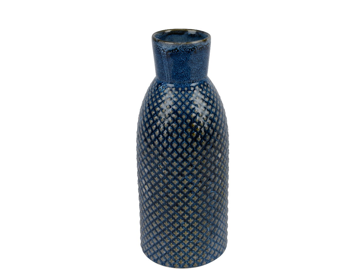 Blaue Vase mit strukturierter Oberfläche, frontal fotografiert