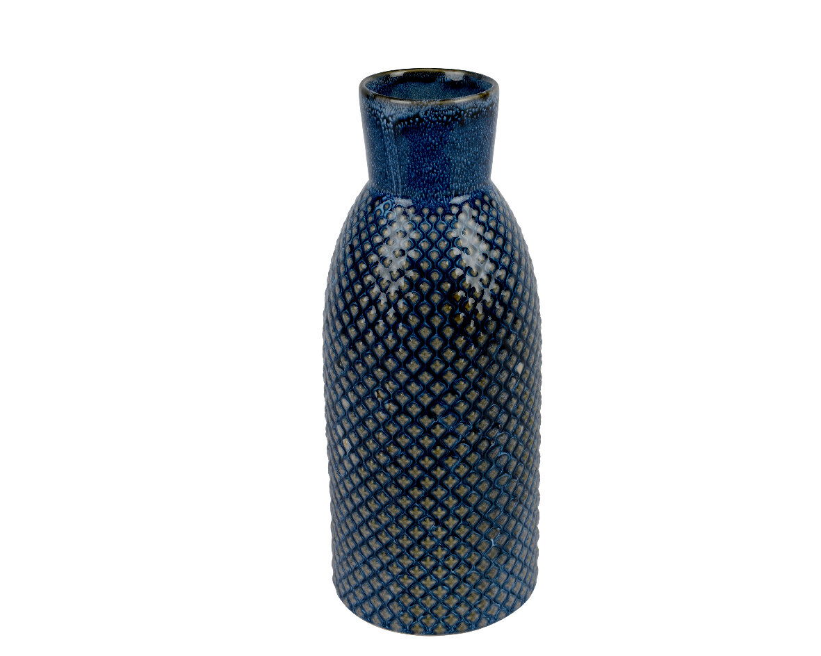Blaue Vase mit strukturierter Oberfläche, frontal fotografiert