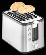 Silberner Toaster mit zwei Brotscheiben, seitliche Perspektive