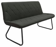 Moderne, dunkelgraue Bank mit gepolsterter Sitzfläche und Rückenlehne, seitliche Perspektive