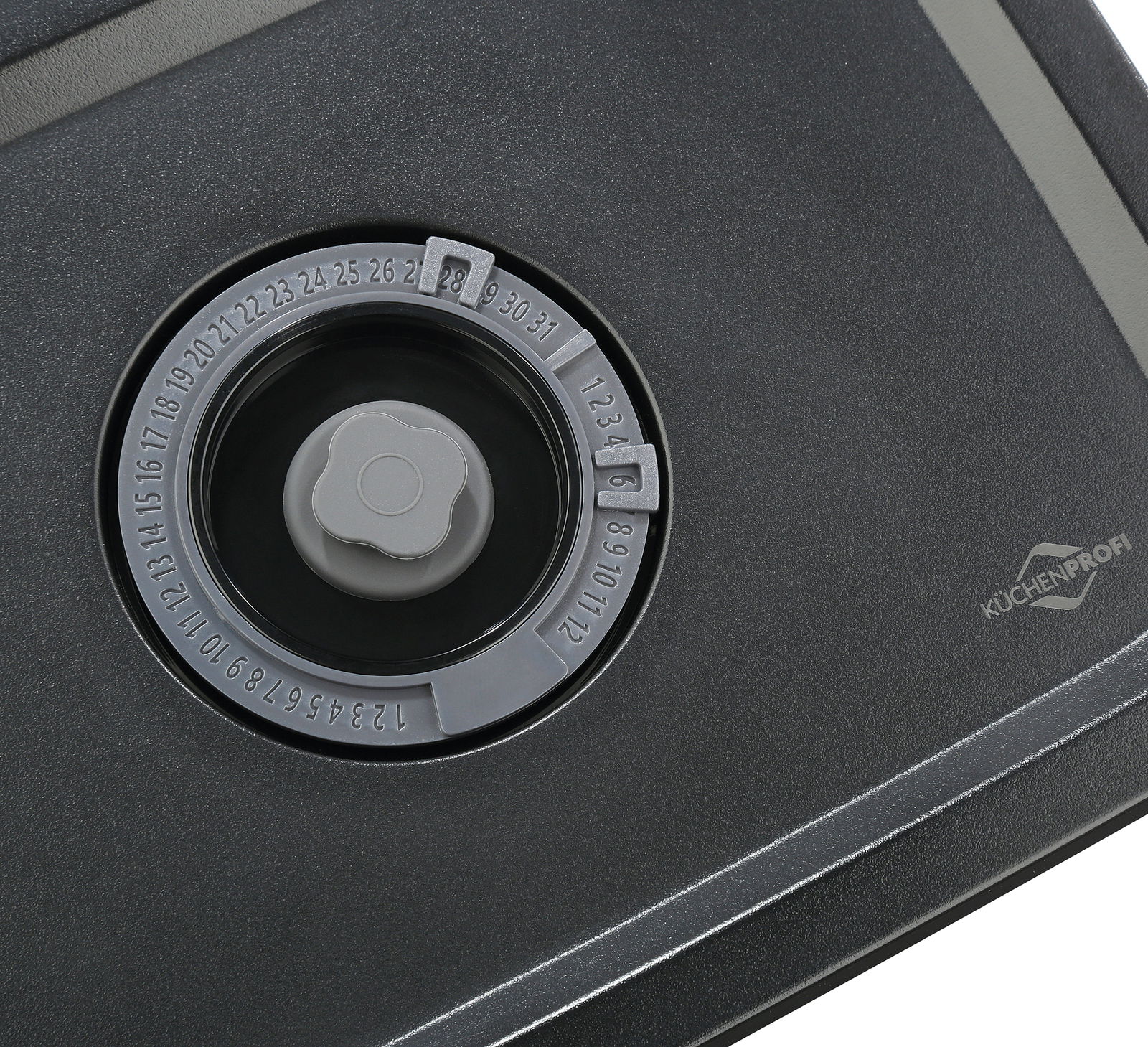 Nahaufnahme eines Vakuumier-Sets EASYFRESH mit Datumsanzeige und Drehknopf, seitliche Perspektive