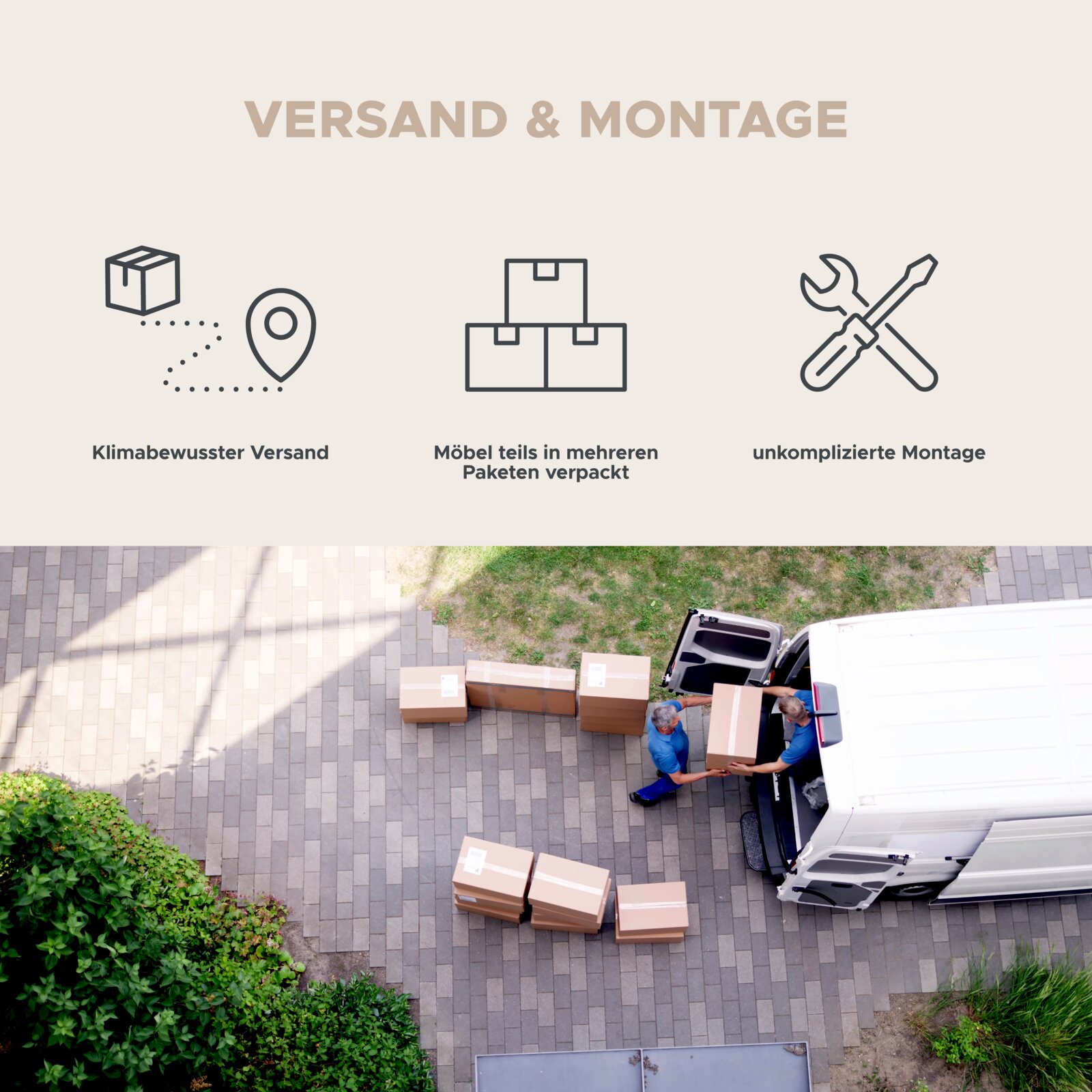 Marketinggrafik „Versand & Montage“ mit Symbolen für klimabewussten Versand, Lieferung in mehreren Paketen und unkomplizierte Montage; darunter Vogelperspektive von oben auf zwei Zusteller, die Kartons aus einem weißen Transporter auf einem gepflasterten 