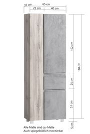 Hochschrank mit Holz- und Betonoptik, Frontansicht, Maße: 180 cm hoch, 65 cm breit, 35 cm tief.