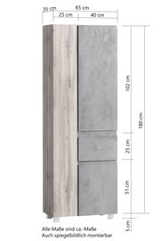 Hochschrank mit Holz- und Betonoptik, Frontansicht, Maße: 180 cm hoch, 65 cm breit, 35 cm tief.