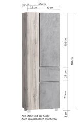 Hochschrank mit Holz- und Betonoptik, Frontansicht, Maße: 180 cm hoch, 65 cm breit, 35 cm tief.