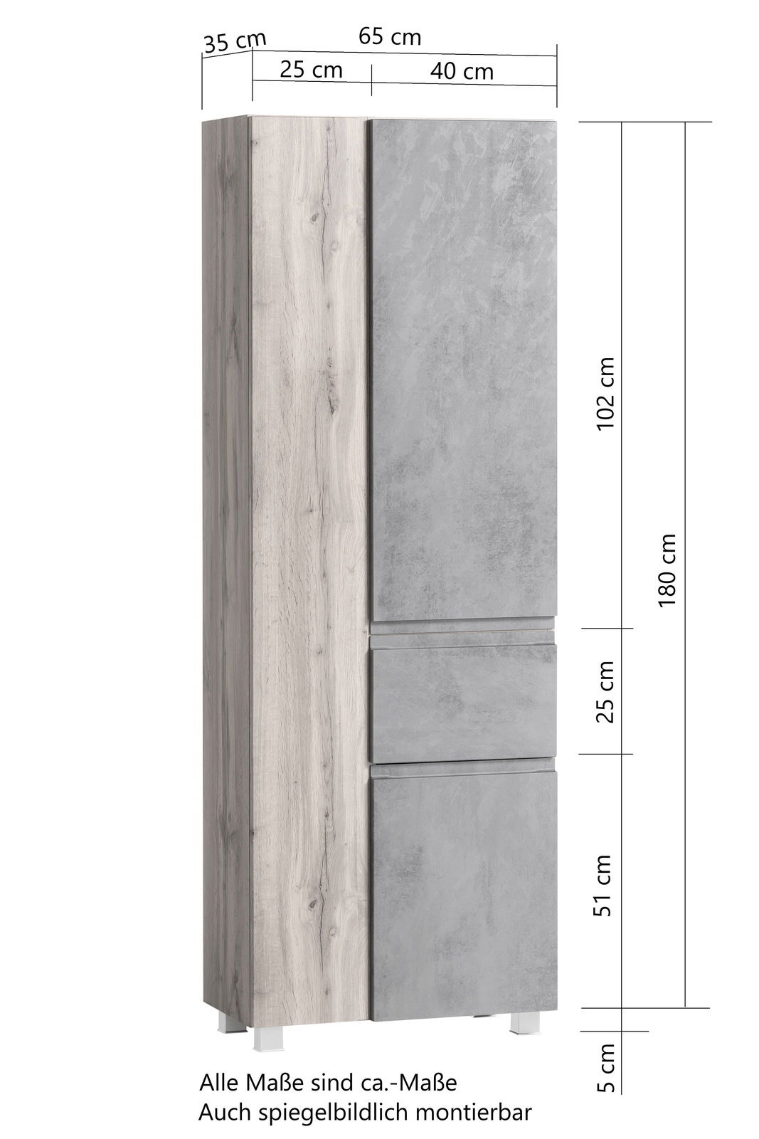 Hochschrank mit Holz- und Betonoptik, Frontansicht, Maße: 180 cm hoch, 65 cm breit, 35 cm tief.
