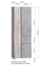 Hochschrank mit Holz- und Betonoptik, Frontansicht, Maße: 180 cm hoch, 65 cm breit, 35 cm tief.