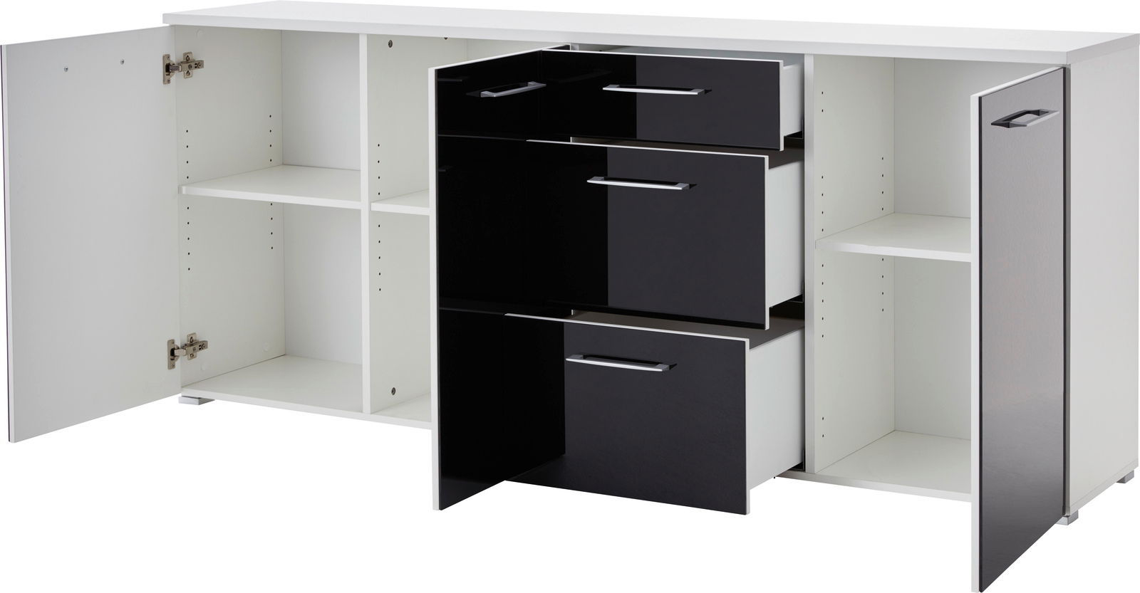 Modernes Sideboard mit offenen Schubladen und Türen, schwarz-weiße Farbgebung, Frontalansicht.