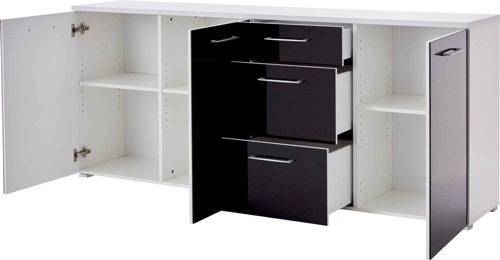 Modernes Sideboard mit offenen Schubladen und Türen, schwarz-weiße Farbgebung, Frontalansicht.