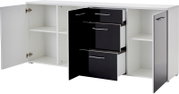Modernes Sideboard mit offenen Schubladen und Türen, schwarz-weiße Farbgebung, Frontalansicht.