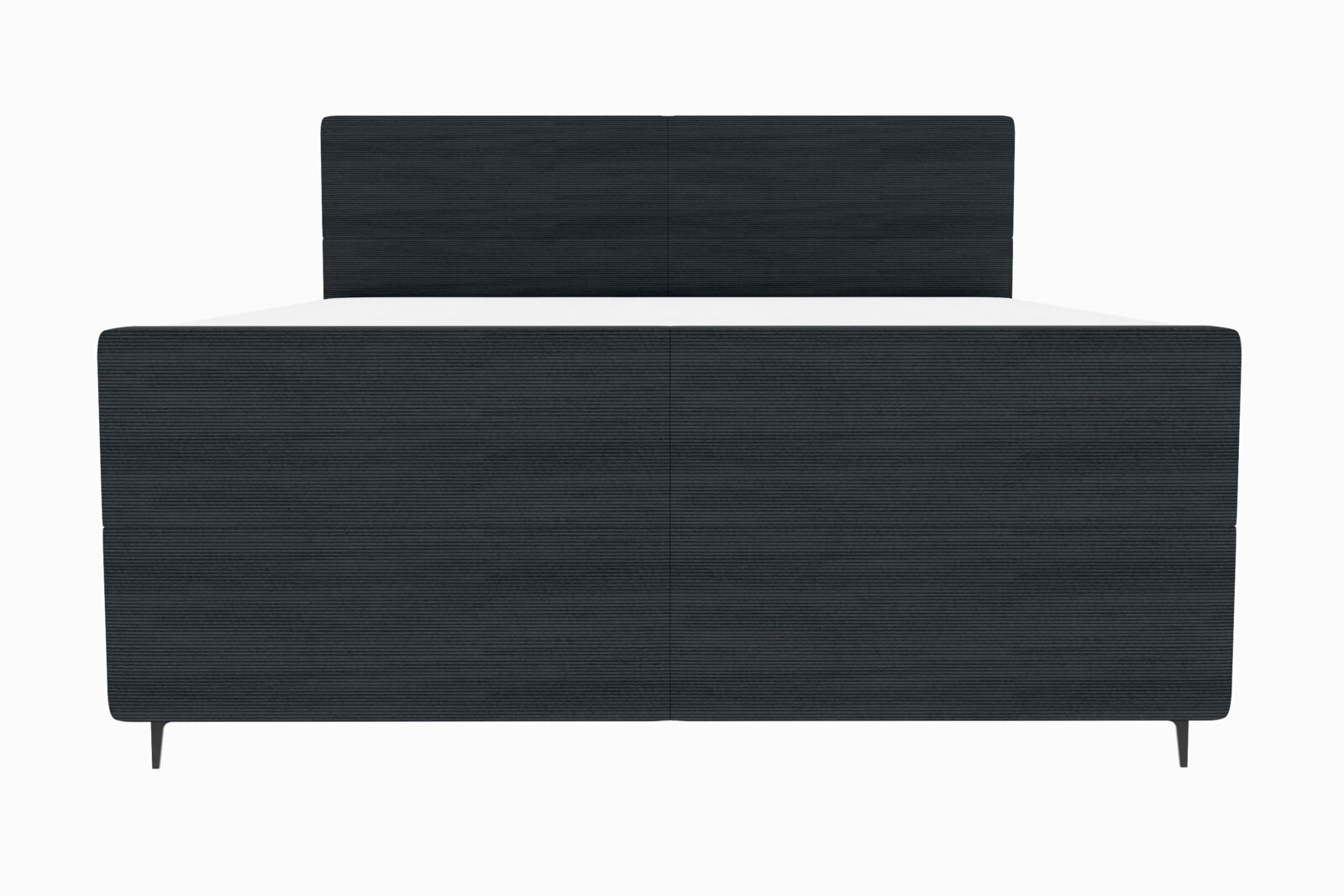 Frontansicht eines modernen Boxspringbetts mit dunklem Stoffbezug und schlichtem Design.
