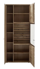 Geöffnete Kombi-Vitrine aus Holz mit mehreren Regalfächern, frontal betrachtet.