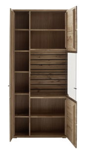 Geöffnete Kombi-Vitrine aus Holz mit mehreren Regalfächern, frontal betrachtet.