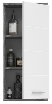 Hängeschrank mit weißer Tür, teilweise geöffnet, zeigt Regale mit Pflegeprodukten, Frontalansicht