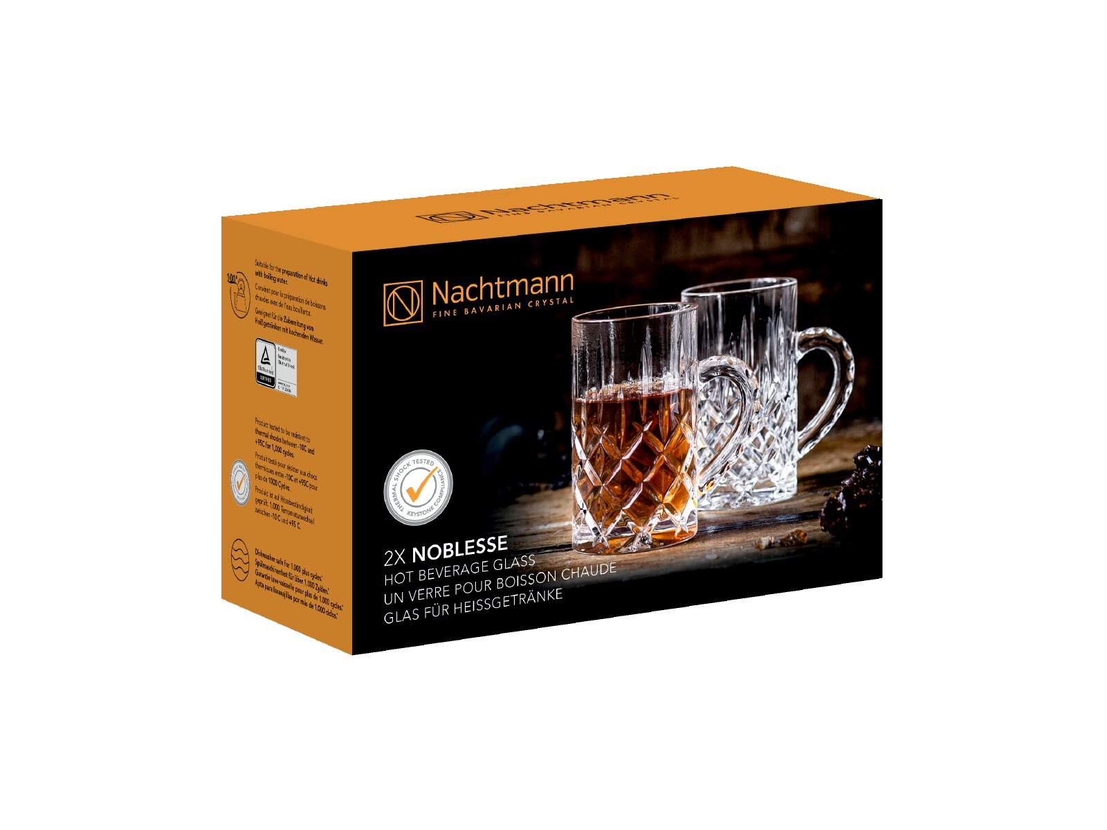 Nachtmann Noblesse verpakking met twee kristallen glazen voor warme dranken, schuin van voren en van links bekeken