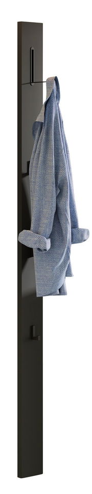 Schwarze Paneel-Leiste mit Haken, an der ein blaues Handtuch hängt, seitliche Perspektive