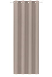 Beiger Ösenschal aus Stoff, frontal fotografiert, mit gleichmäßigen Falten und silbernen Ösen an der Oberseite.