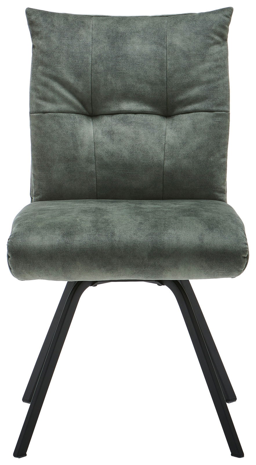 Moderner grüner Stuhl mit gepolsterter Rückenlehne und schwarzem Metallgestell, Frontalansicht