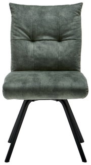 Moderne groene stoel met gestoffeerde rugleuning en zwart metalen frame, vooraanzicht