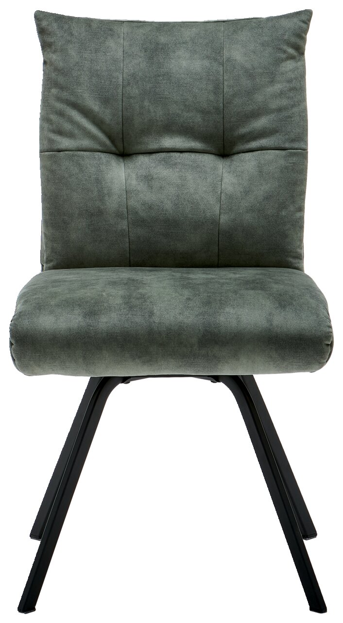 Moderne groene stoel met gestoffeerde rugleuning en zwart metalen frame, vooraanzicht