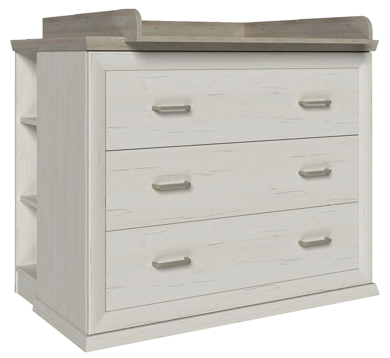 Wickelaufsatz mit Unterstellregal in Holzoptik, dreischubladig, seitliche Perspektive