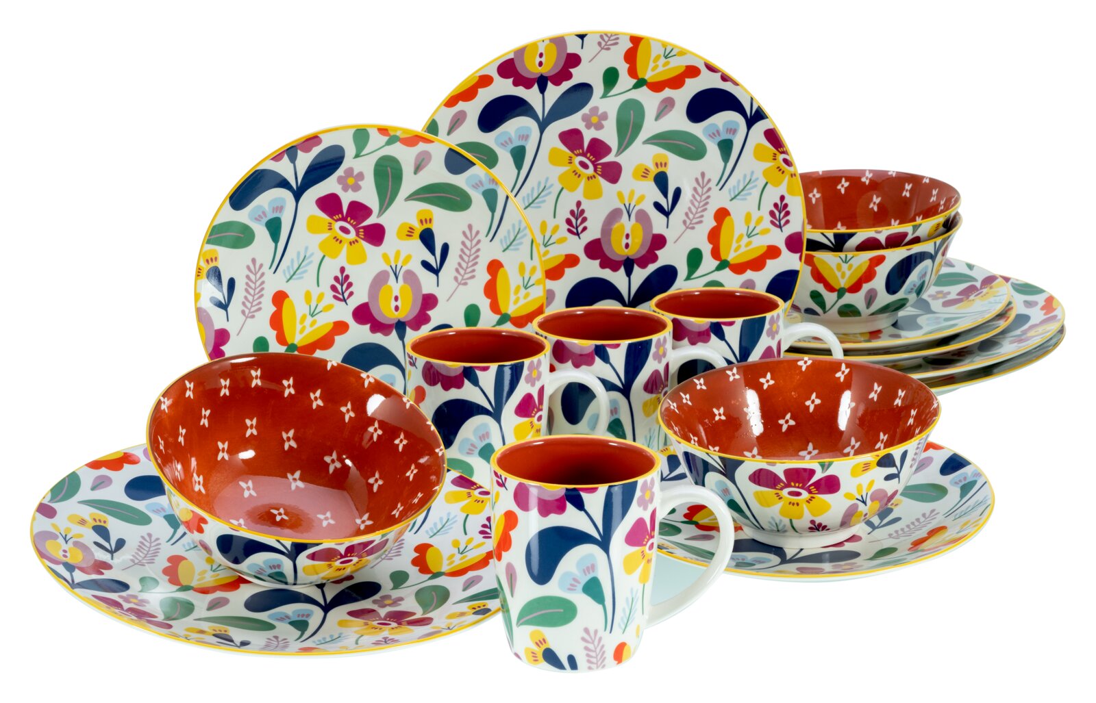 Creatable Kombiservice 16-tlg FOLKLORE Buntes Geschirrset mit floralen Mustern: Teller, Schalen und Tassen mit rotem Innenraum, frontal in leicht schräger Perspektive auf weißem Hintergrund