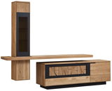 Moderne Wandkombination aus Holz mit vertikalem Schrank und horizontalem Regal, Frontansicht.