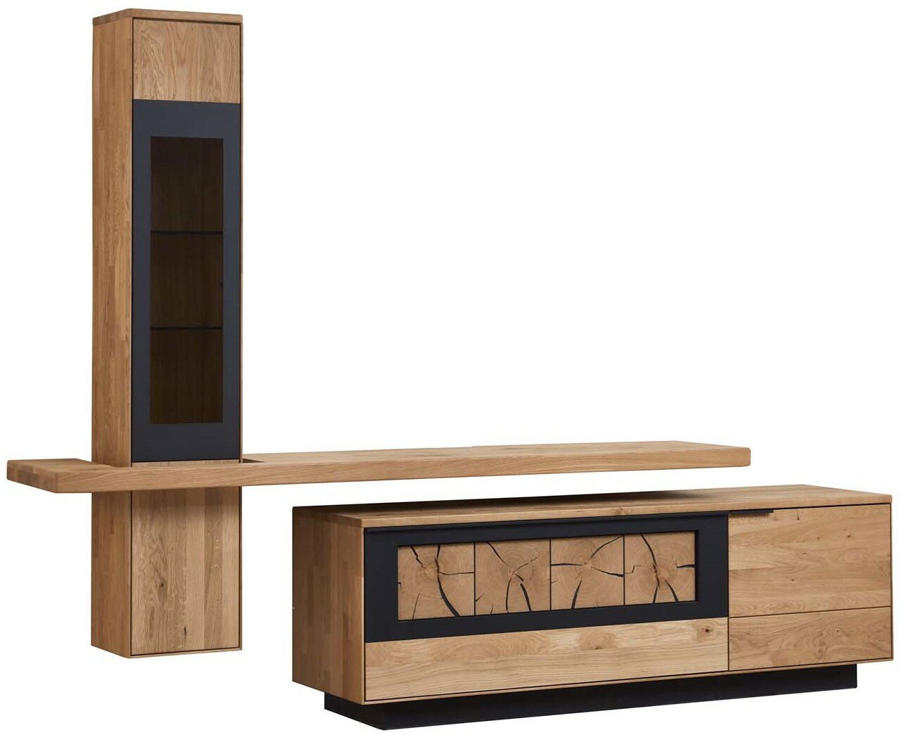 Moderne Wandkombination aus Holz mit vertikalem Schrank und horizontalem Regal, Frontansicht.
