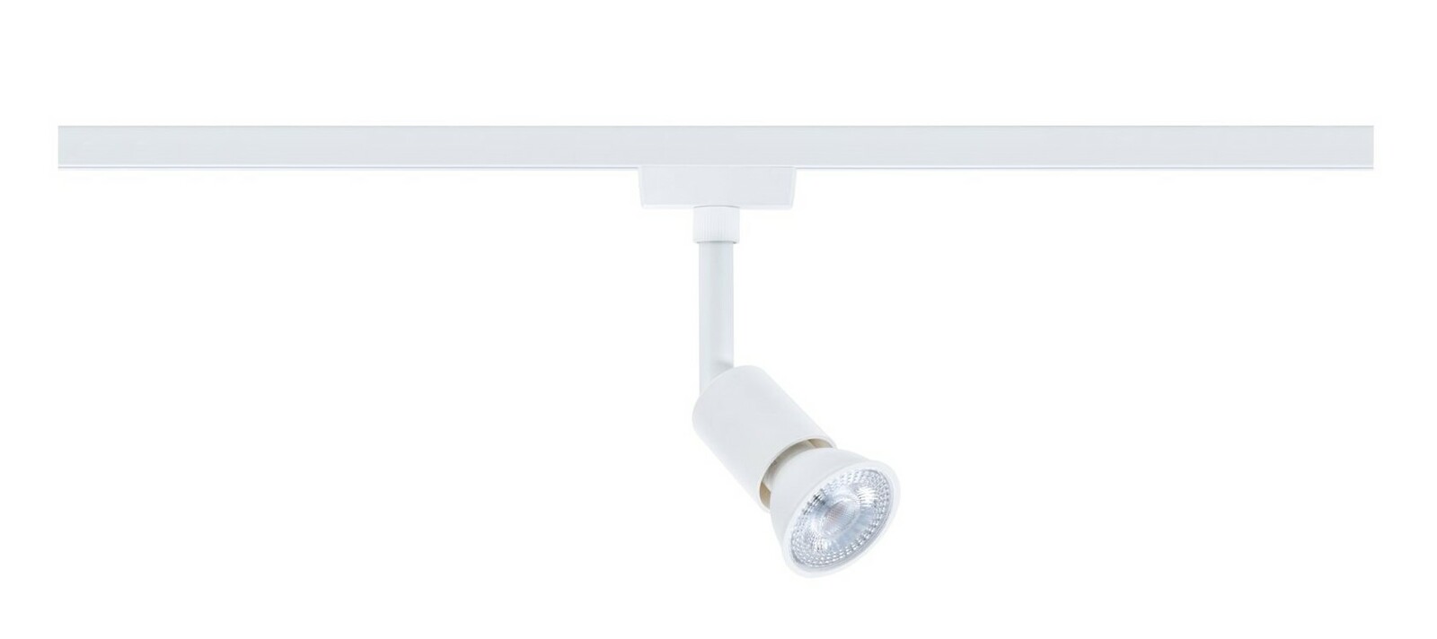 Weißer Schienenspot Salt mit zylindrischem Leuchtkopf, seitliche Perspektive