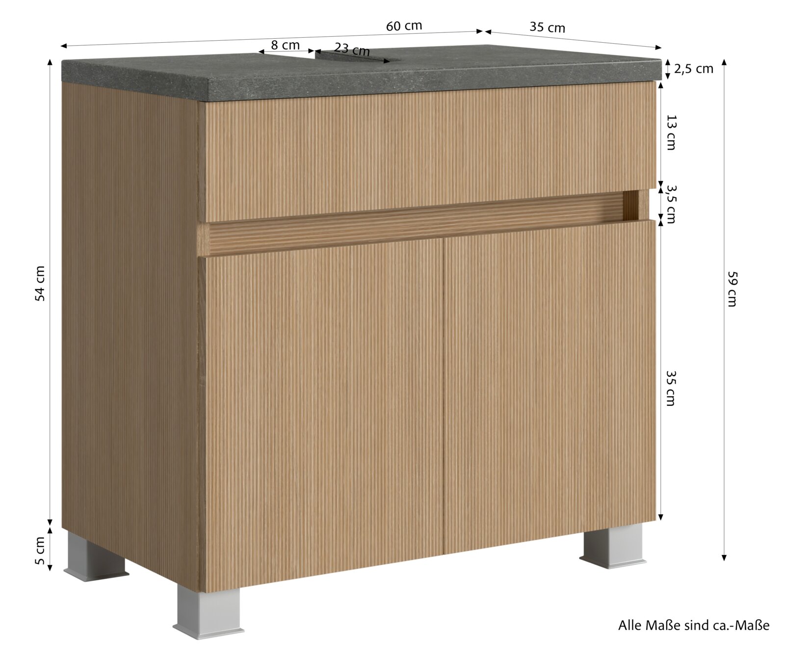 Waschbeckenunterschrank aus Holz mit grauer Oberseite, Frontansicht