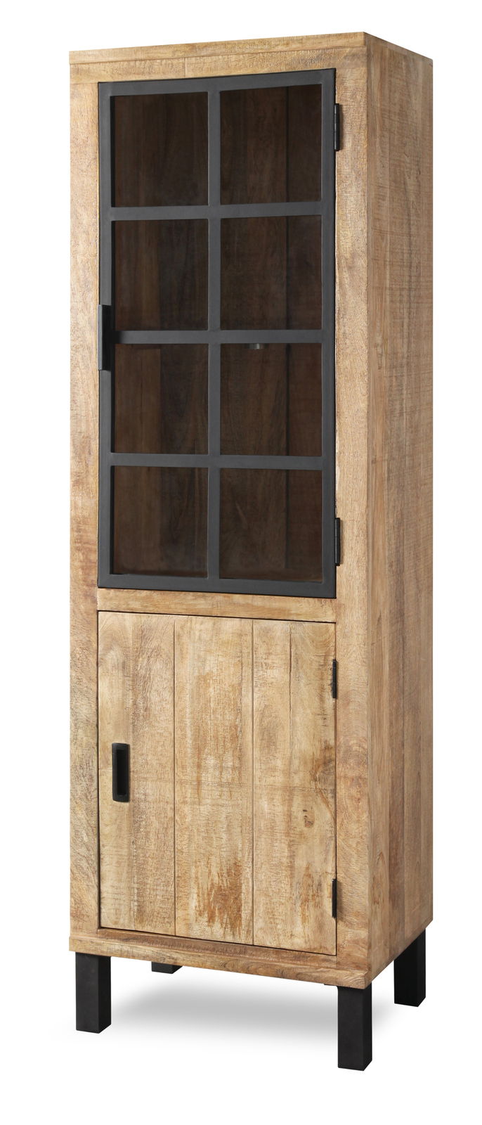 Vitrine aus Holz mit Glastür und Metallrahmen, frontal fotografiert