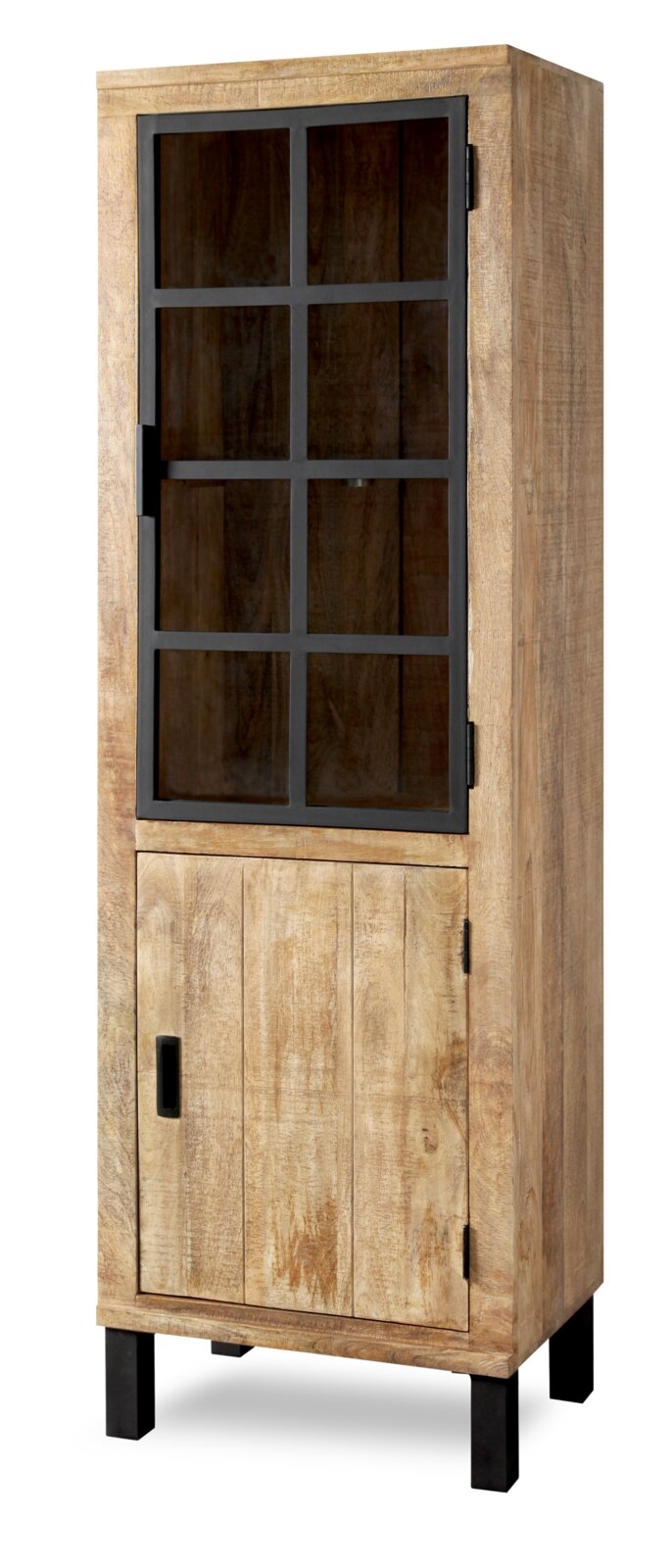 Houten vitrinekast met glazen deur en metalen frame, van voren gefotografeerd