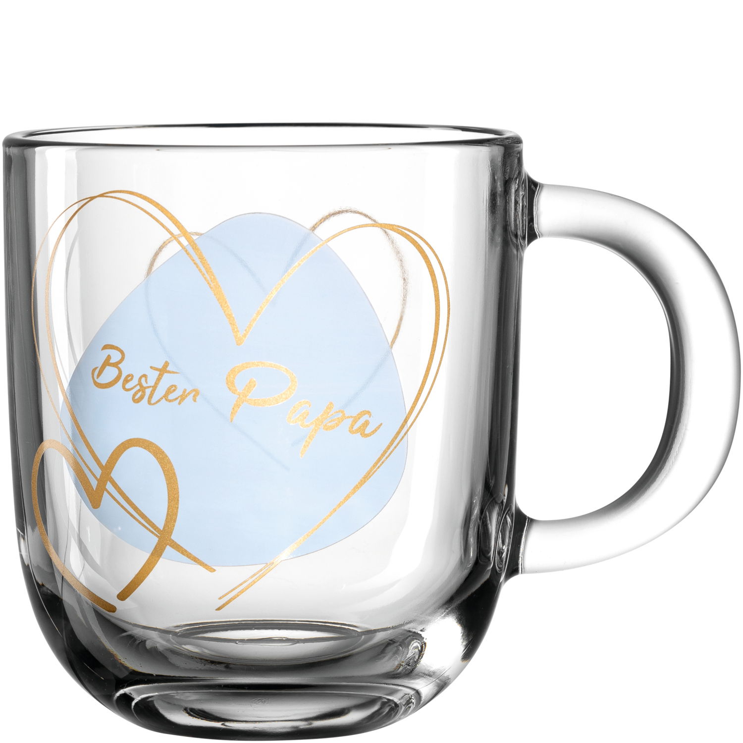 Leonardo Geschenktasse Bester Papa EMOZIONE Glas-Tasse mit der Aufschrift 'Bester Papa' in goldener Schrift und Herzmotiv, seitliche Perspektive
