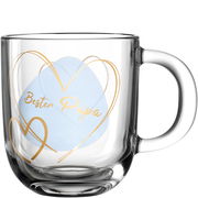 Glas-Tasse mit der Aufschrift 'Bester Papa' in goldener Schrift und Herzmotiv, seitliche Perspektive