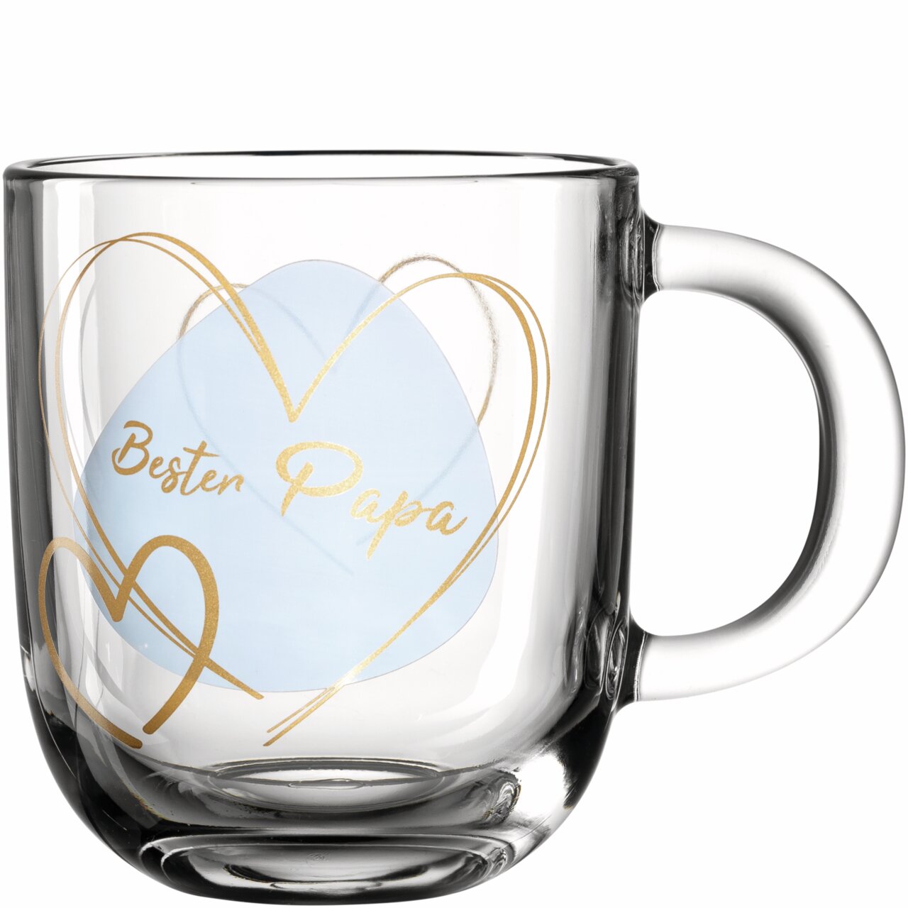 Glas-Tasse mit der Aufschrift 'Bester Papa' in goldener Schrift und Herzmotiv, seitliche Perspektive