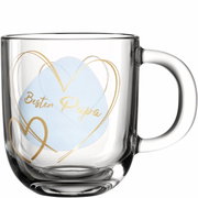 Glas-Tasse mit der Aufschrift 'Bester Papa' in goldener Schrift und Herzmotiv, seitliche Perspektive