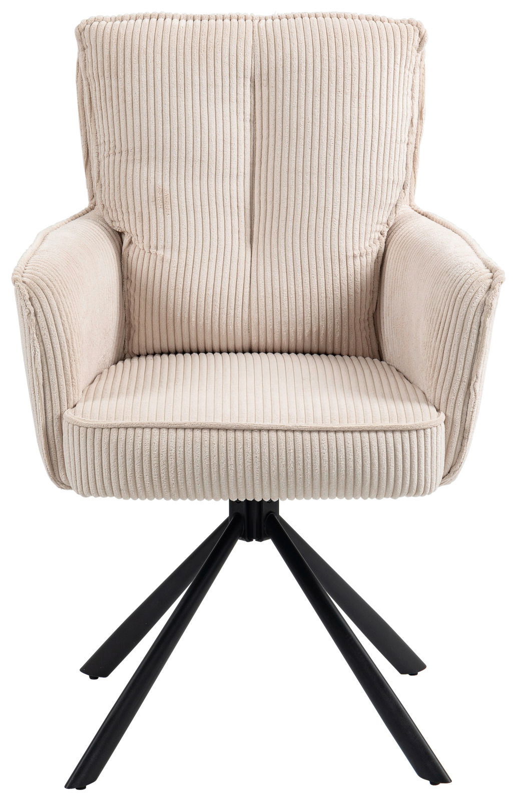 Beiger Sessel mit geripptem Stoffbezug und schwarzem Metallgestell, Frontalansicht