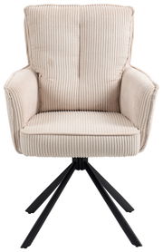 Beiger Sessel mit geripptem Stoffbezug und schwarzem Metallgestell, Frontalansicht