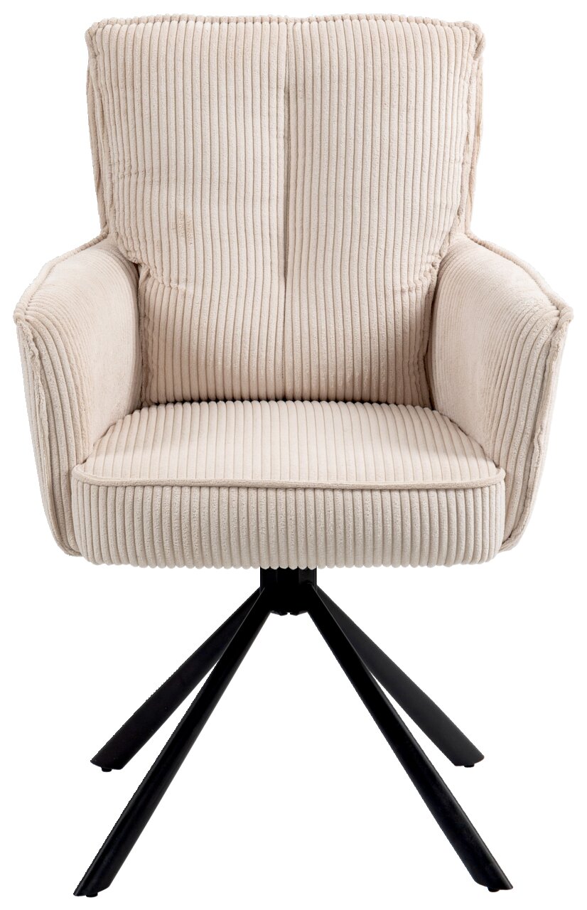 Beiger Sessel mit geripptem Stoffbezug und schwarzem Metallgestell, Frontalansicht
