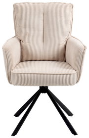 Beiger Sessel mit geripptem Stoffbezug und schwarzem Metallgestell, Frontalansicht