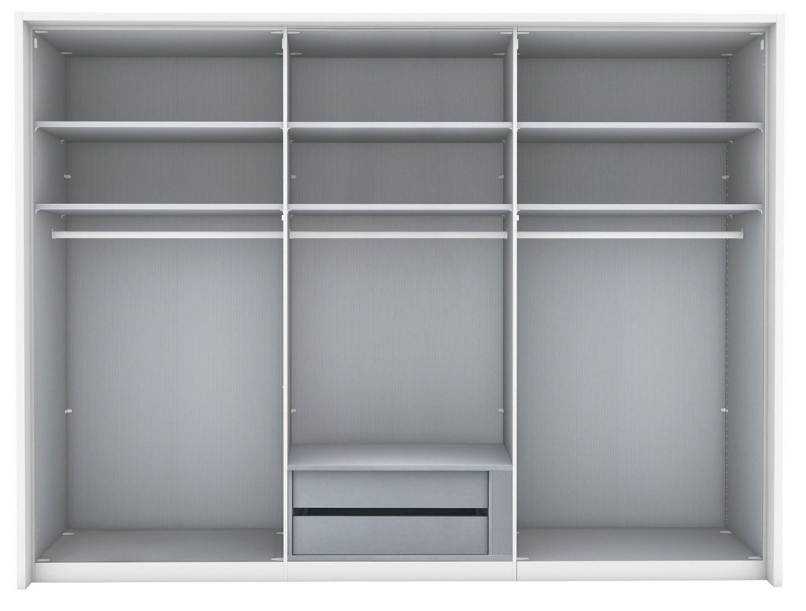 Frontale Ansicht eines großen, grauen Kleiderschranks mit mehreren Fächern und einem Schubkasteneinsatz in der Mitte.