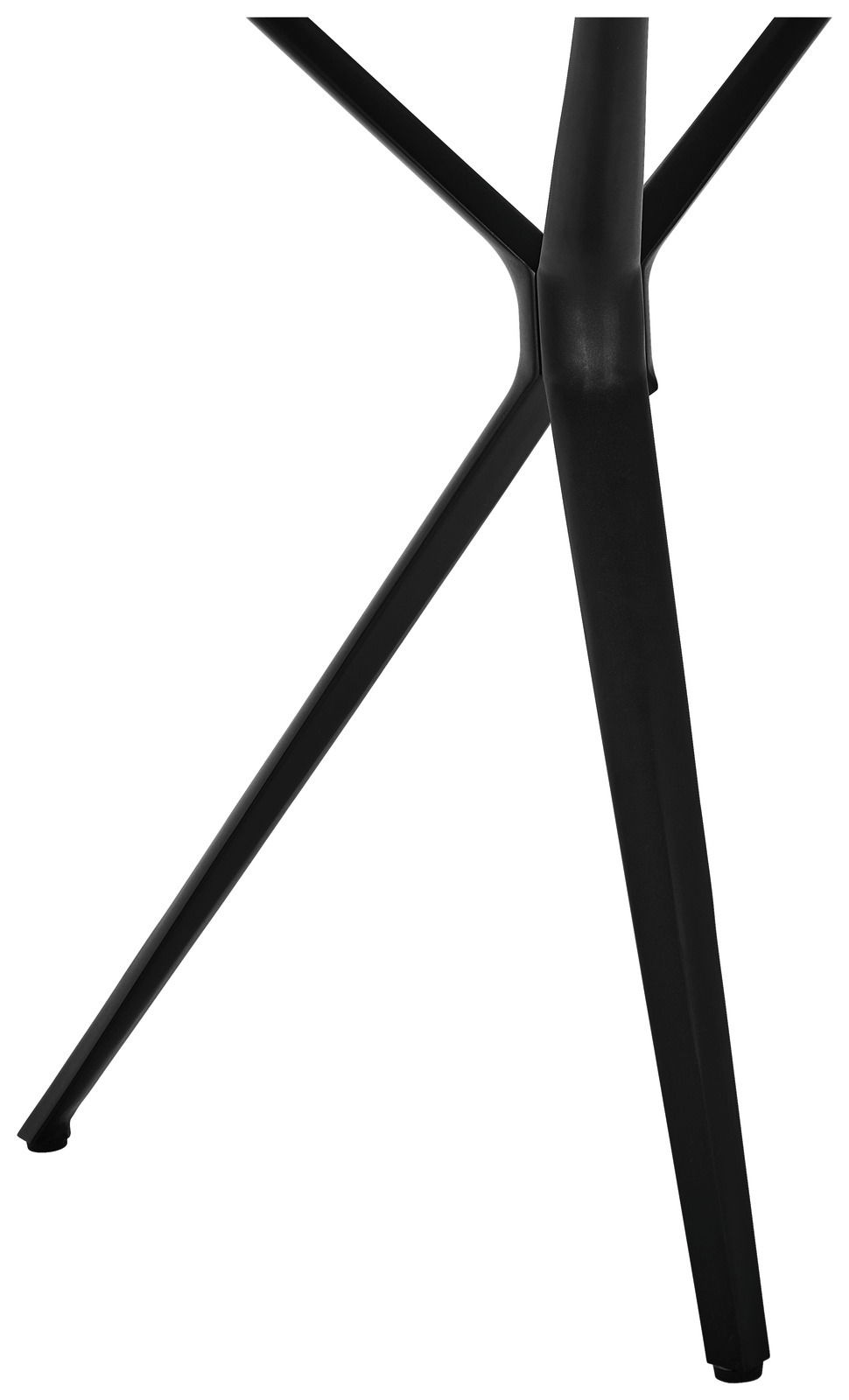 Nahaufnahme eines schwarzen Tischbeins aus Metall, perspektivisch von der Seite aufgenommen.