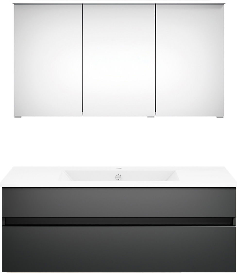 Moderne Badkombination mit Spiegelschrank und Waschbeckenunterschrank, Frontalansicht