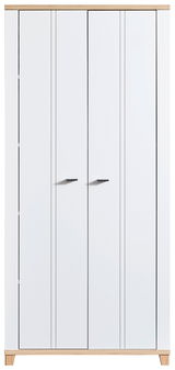 Frontansicht eines weißen Aktenschranks mit zwei Türen und Holzdetails.