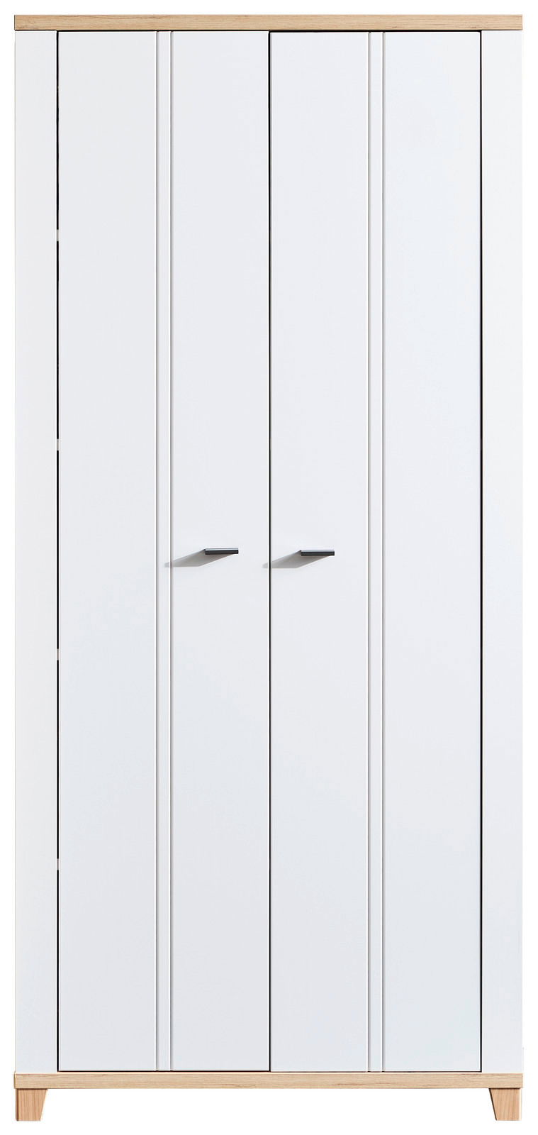 Frontansicht eines weißen Aktenschranks mit zwei Türen und Holzdetails.