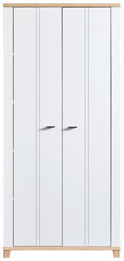 Frontansicht eines weißen Aktenschranks mit zwei Türen und Holzdetails.