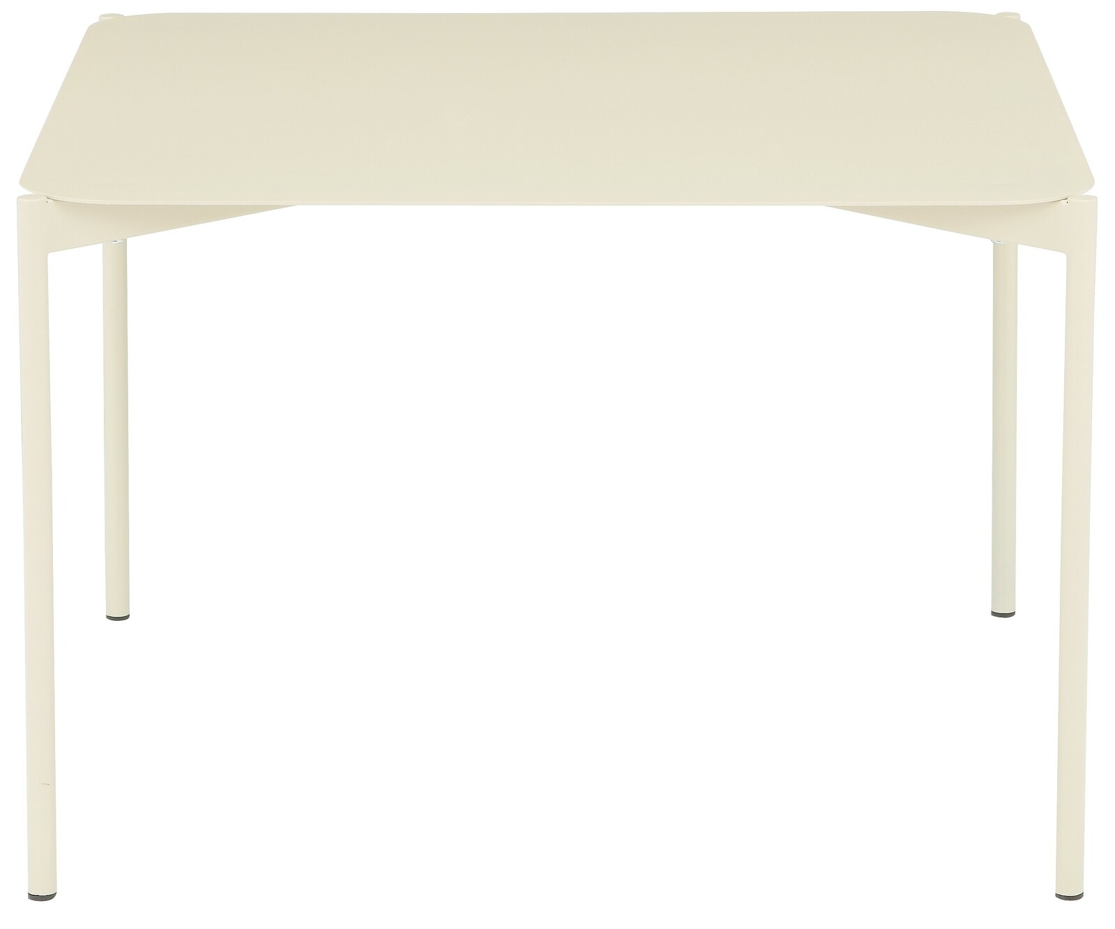 Moderner Beistelltisch in hellem Beige, frontal fotografiert mit schlanken, geraden Beinen.