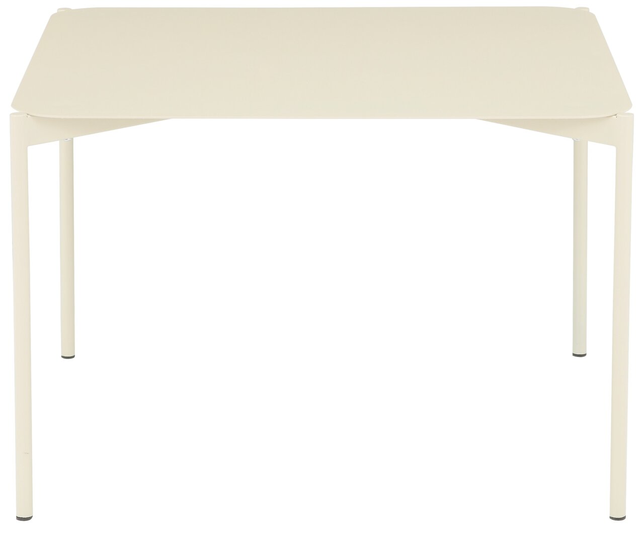 Moderner Beistelltisch in hellem Beige, frontal fotografiert mit schlanken, geraden Beinen.